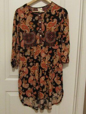 FIG & FLOWER Size L Boho Paisley Floral Tunic Dress for FALL Orange Black Colors